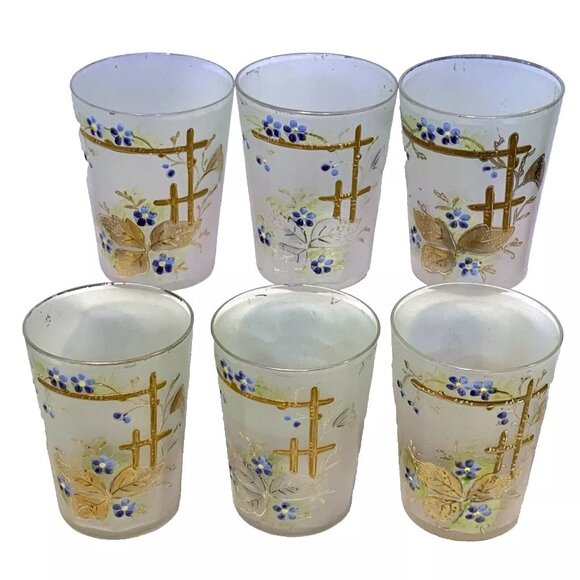Frosted Glass Painted Juice Glasses with Flowers on a Trellis Vintage Set of 6 - Picture 1 of 12